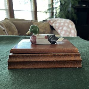 Vintage Wood Hand Carved Mallard Duck on Wood Trinket Card Box Divider Inside